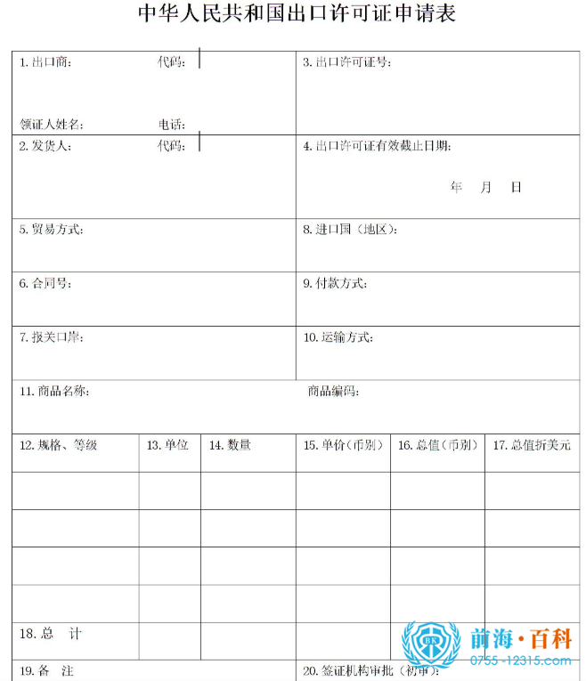 《中华人民共和国出口许可证申请表》